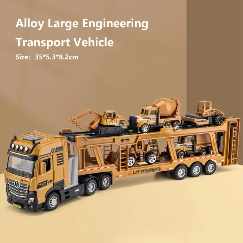 Car Model Alloy Engineering Transport Vehicle Simulation Double Decker Trailer Truck Contain Bulldozer,Dump Truck,Mixer,Roller simulation of inertial engineering truck cement dump truck mixer truck sanitation truck toy model