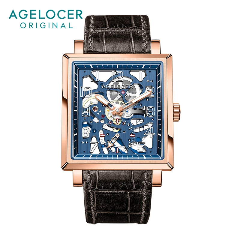 AGELOCER Men's Square Double Sided Hollow Black Skeleton Automatic Mechanical Stainless Steel Luminous Analog Dress Watch olevs double sided hollow deisign mechanical watch for men luxury top brand stainless steel waterproof automatic wristwatch men