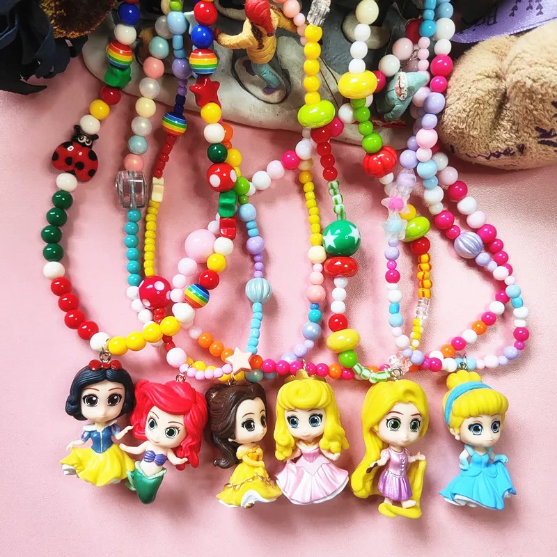Disney Princess Mermaid Cartoon Cute Snow White Colorful Beaded Necklace Neck Chain Adult Children's Necklace Accessories