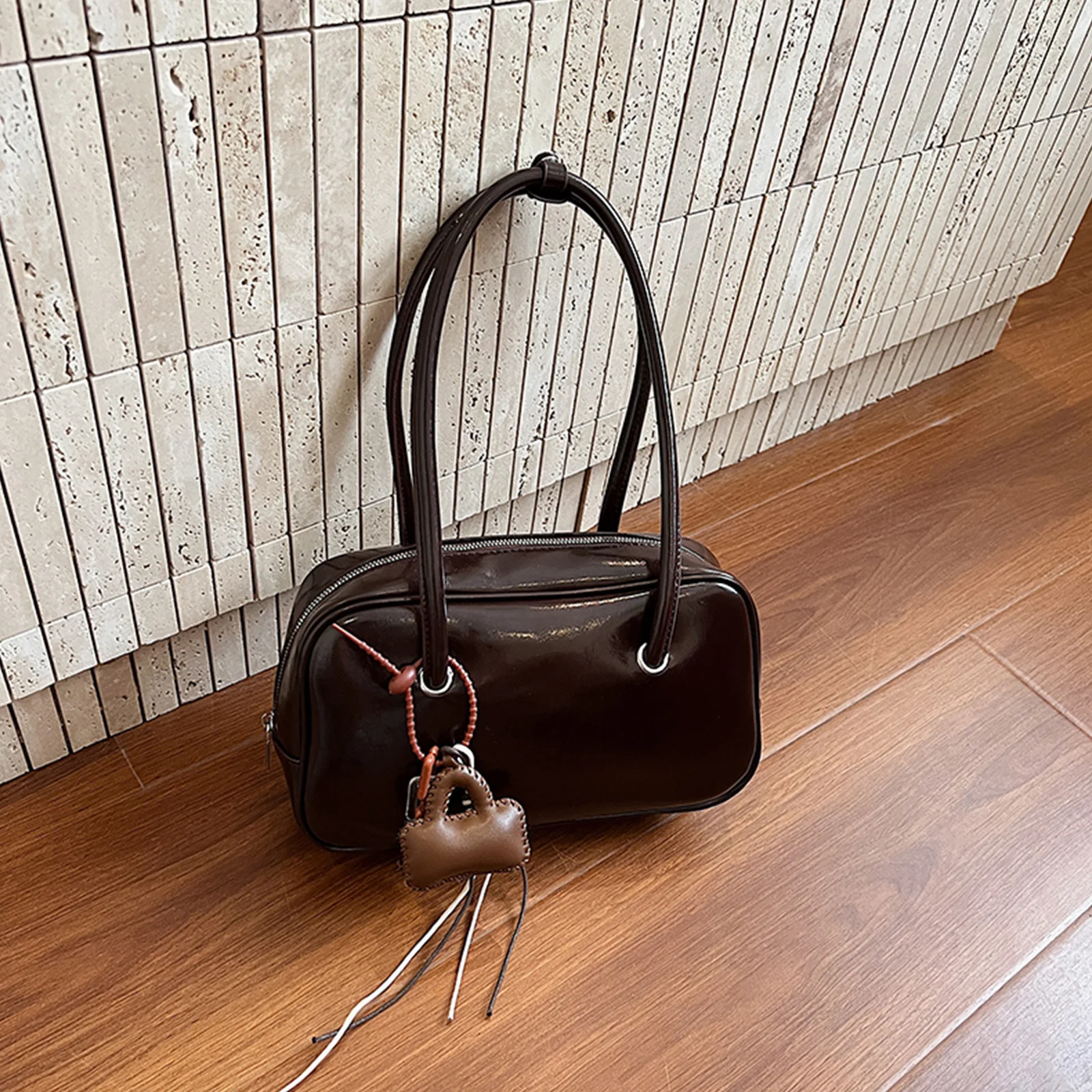 PU Leather Shoulder Bag Solid Color Versatile Bowling Bag with Pendant PU Leather Underarm Bag for Women and Girls