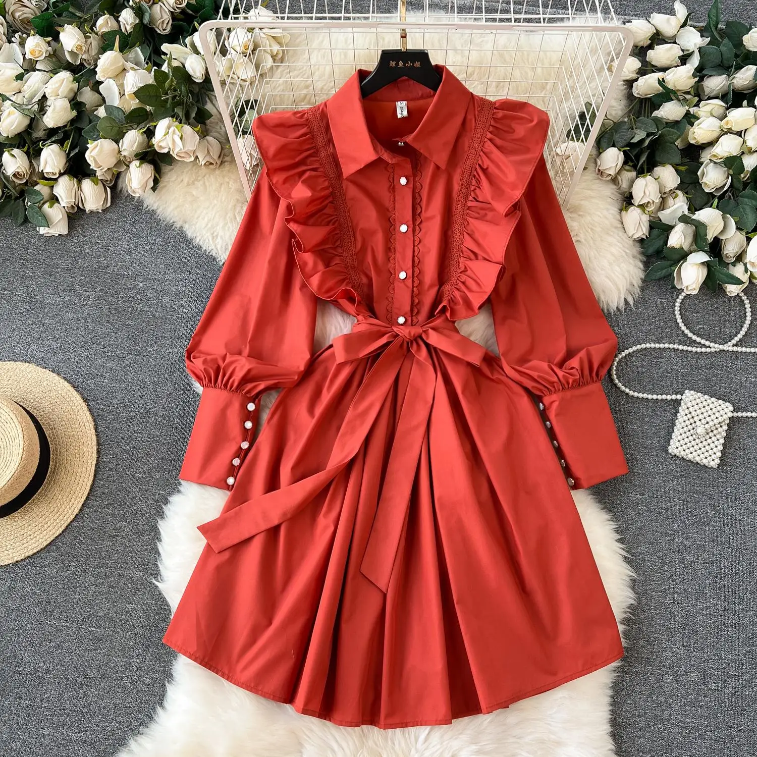 Spring Runway Fashion Mini Dress Women's Turn Down Neck Lantern Sleeve Spliced Ruffles Elegant Belt Lace Up Party Vestidos 5098