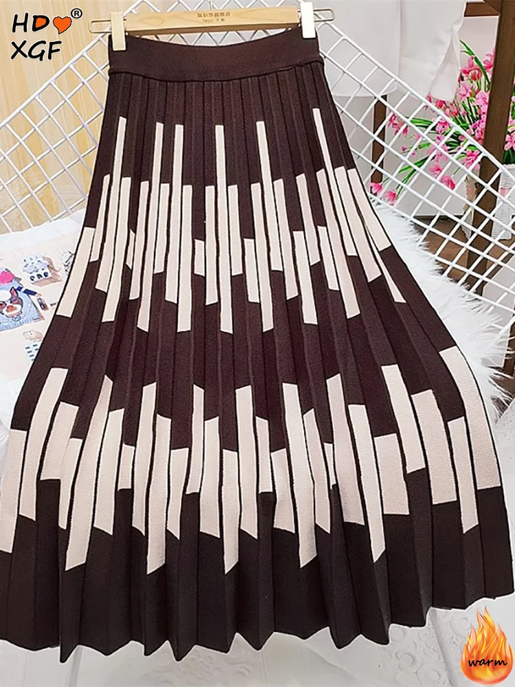 

Vintage Elastic High Waist Pleated Umbrella Skirt For Women Autumn Winter Stripes Knitted A-line Skirt Elegant Warm Long Skirts