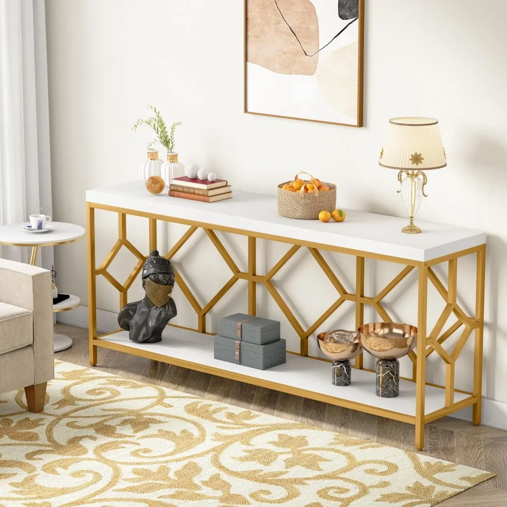 2-Tier Mid-Century Modern Narrow Console Table for Entryway 70.86 Inches Extra Long Sofa Table Behind Couch Accent
