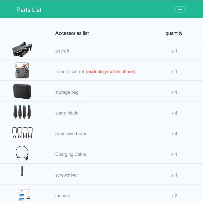 KK3 Pro Mini Drone, parts list accessories list quantity aircraft remote control (excluding mobile phone) storage