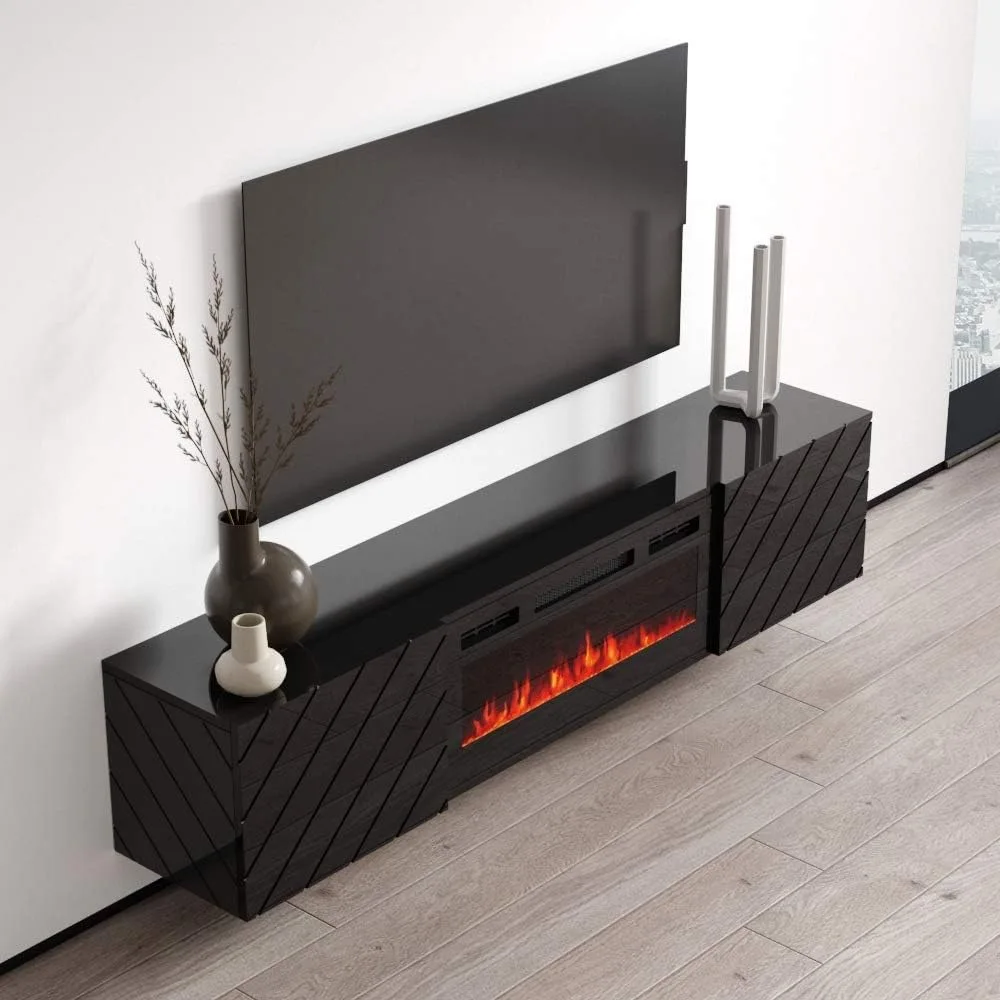 Floating Fireplace TV Stand for TVs Up To 80", Modern High Gloss 72" Entertainment Center, Wall Mounted Electric Fireplace 4