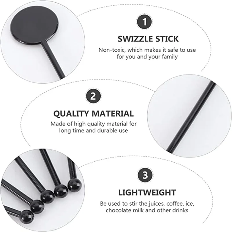 6 Black Flat Plastic Cocktail Stir Rods