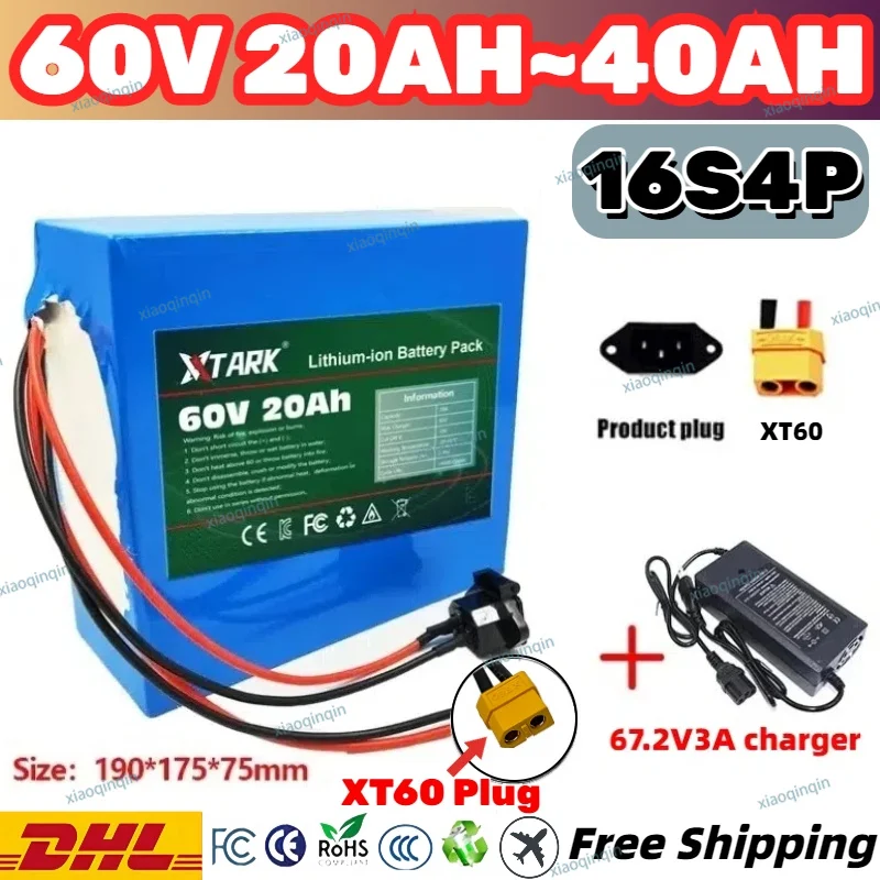 

Hot selling Original 16S4P 60V 40Ah li-ion battery pack XT60 plug built-in BMS protection for 1000W~3000W E-bike E-motorcycles
