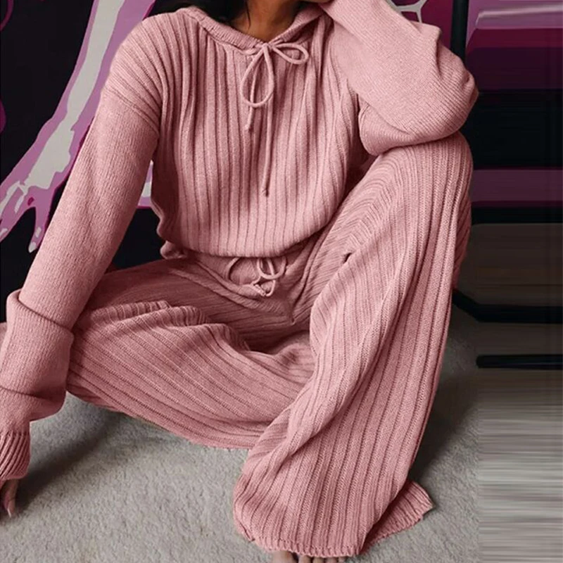 

2023 Spring Women Long Sleeve Hooded Homewear Pajamas Suits Casual Solid 2PCS Loungewear Fashion Elegant Streetwear Dropshipping