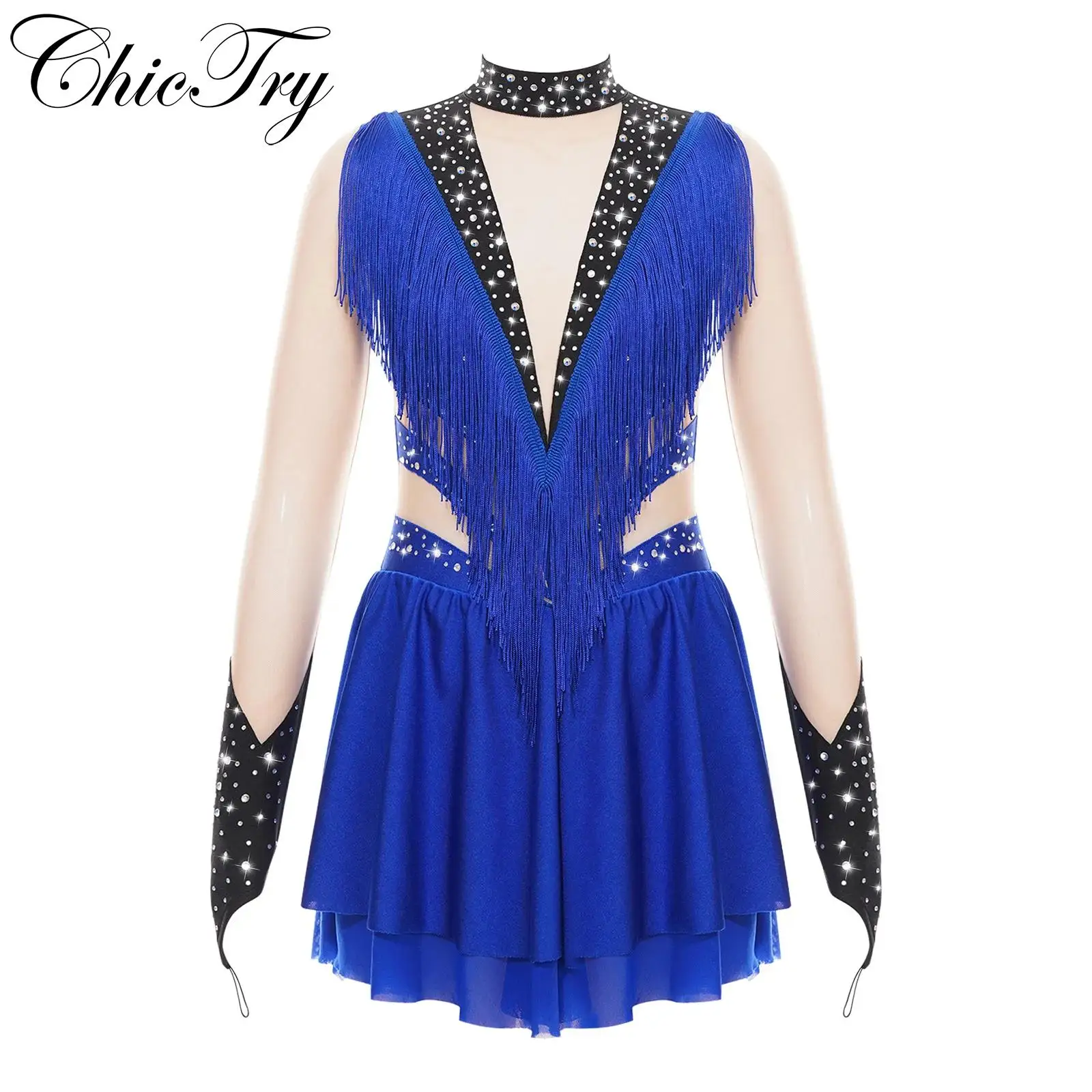 

Детское платье для катания на коньках для девочек, Lyrical танцевальная одежда для латинских танцев, танцевальная одежда с длинным рукавом и бахромой для выступлений на сцене