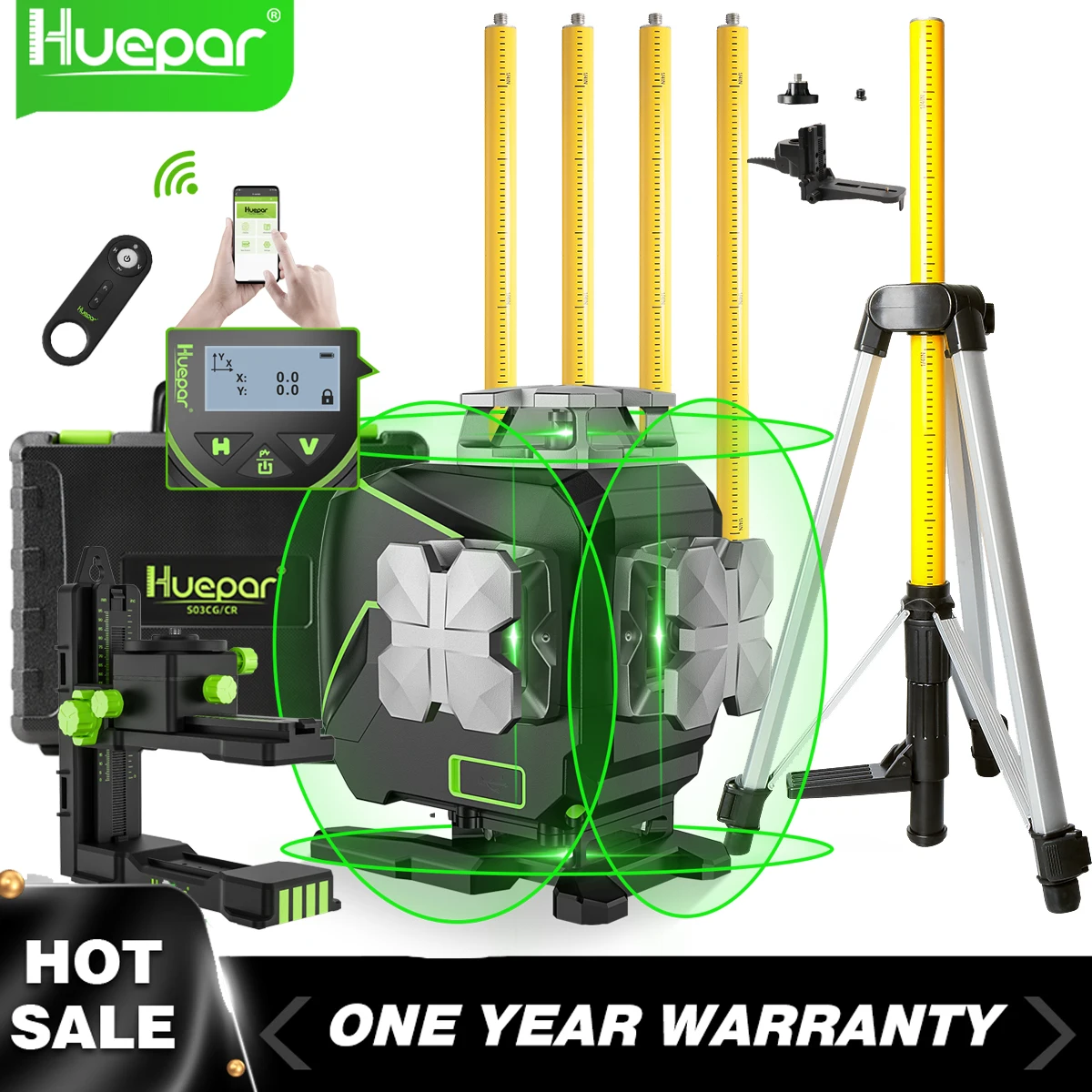 Huepar Livella Laser Verde 16 Linee 4x360&deg; - Autolivellante Con Display LCD, Base Magnetica E Batteria Ricaricabile