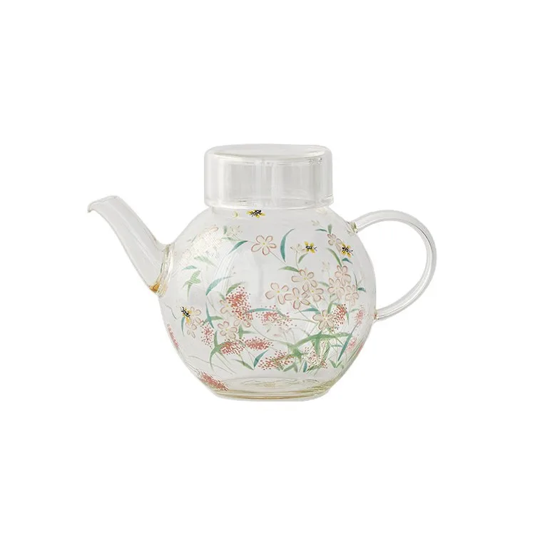 High Borosilicate Glass Teapot Heat Resistant Blooming Flower Design Gongfu Tea Set with Filter Stove Top Safe Handled