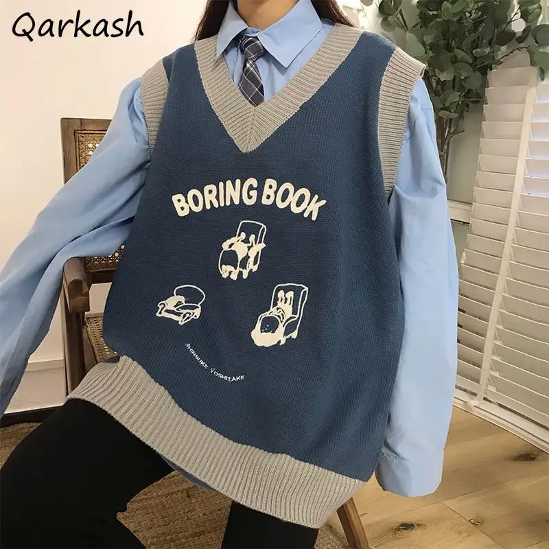 

Preppy Style Cartoom Sweater Vests Women Autumn Winter Loose All-match Boyfriend Harajuku Vintage Ulzzang V-neck Knitting Simple