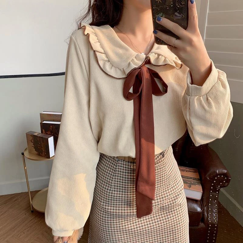 

2024 Sweet Elegan Peter Pan Collar Long Sleeve Ruffles Single Breasted Blouses Temperament Chic for Women Blouse N98