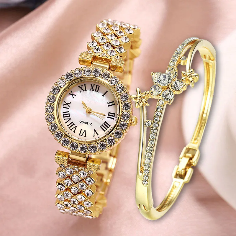 Women Watches Golden Quartz Diamond Wristwatch Bracelet 2pcs Set