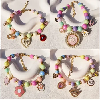 Colorful Pet Pearl Collar Cat Jewelry Pendant Necklace Dog Sweet Decorations Puppy Rhinestone Collar Chihuahua Accesorios