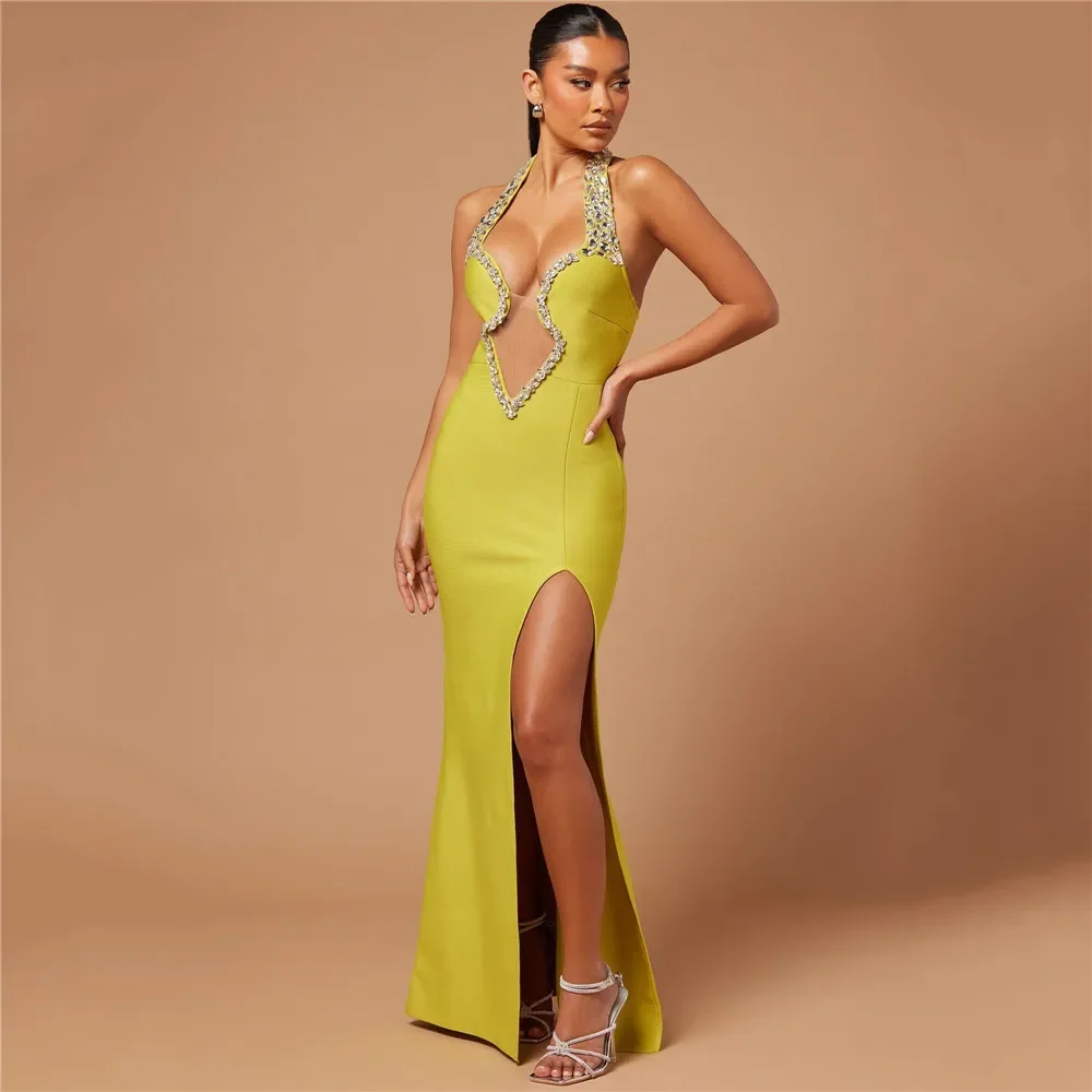 Women Elegant Bandage Dress Sexy Beading Halter Bodycon Clothes Club Party Evening Dresses