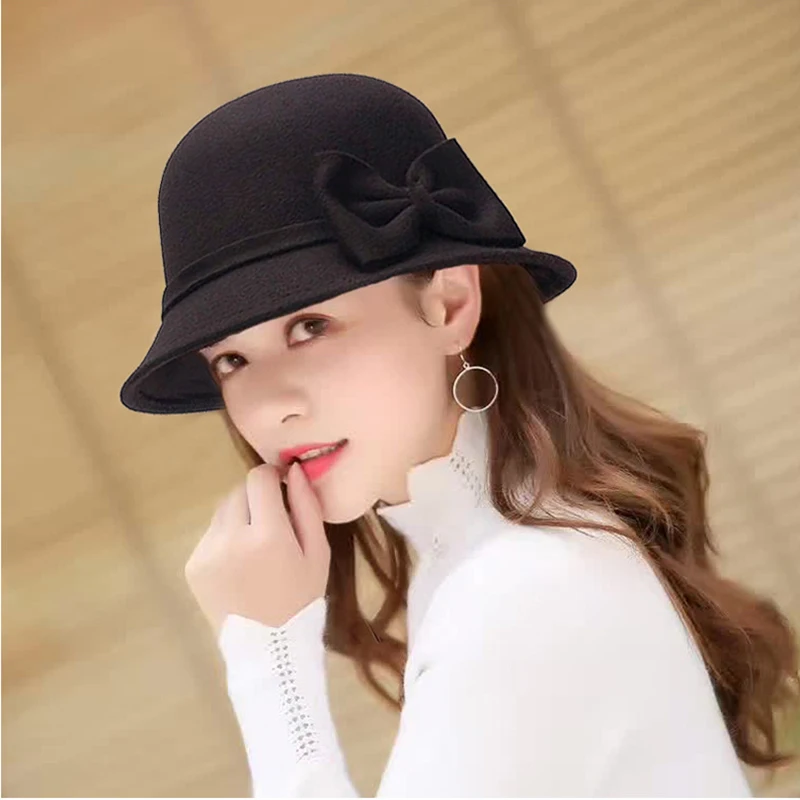 Fashion Hat Vintage Women Bucket Cap Solid Bow Woolen Felt Fedoras Hat Female Winter Autumn Ladies Dome Felt Wedding Church Jazz Caps Bowler