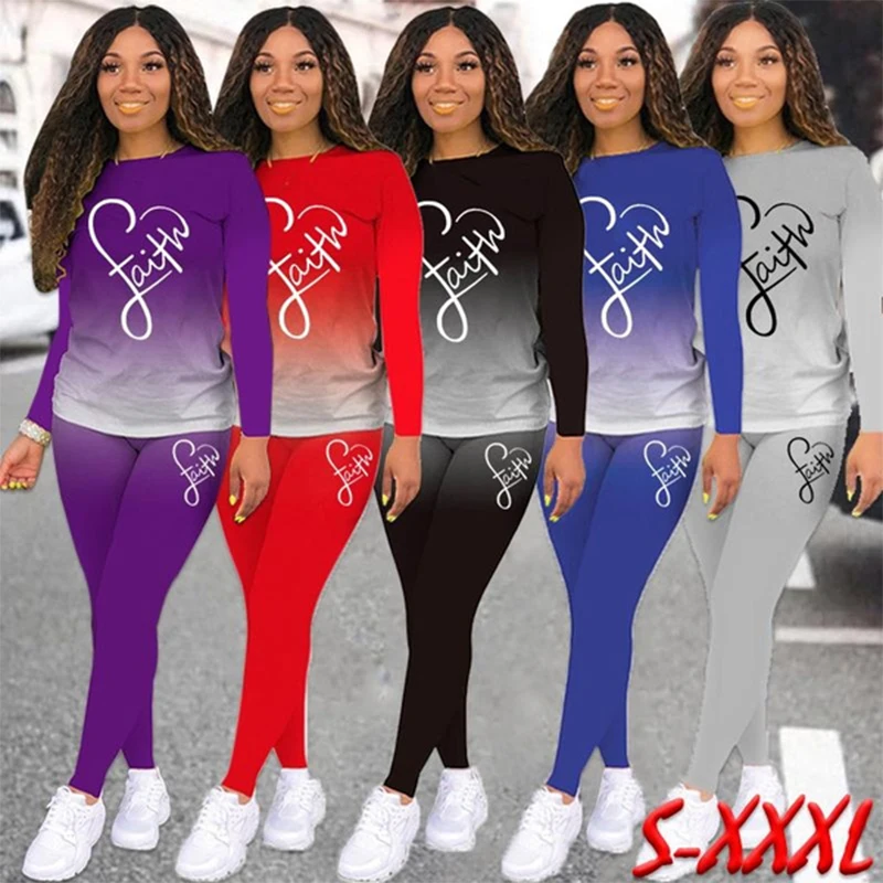 All Seasons Fashion Leisure Long Sleeve Women's Sportswear Gradient Top and Trousers Lightweight Tracksuit Jogging Suit S-3XL lightweight satin top elegant women s summer satin blouses piled collar tank tops short sleeve solid shirts for streetwear