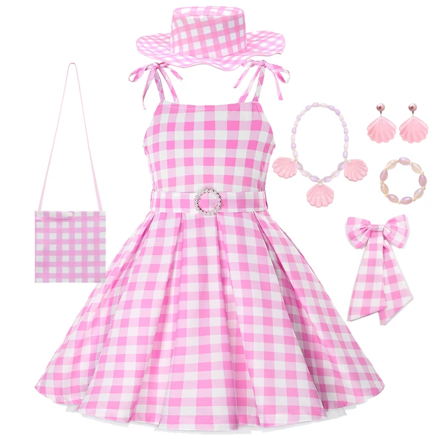 Vestido da Barbie infantil oficial filme rosa xadrez Tam 04 ao 12