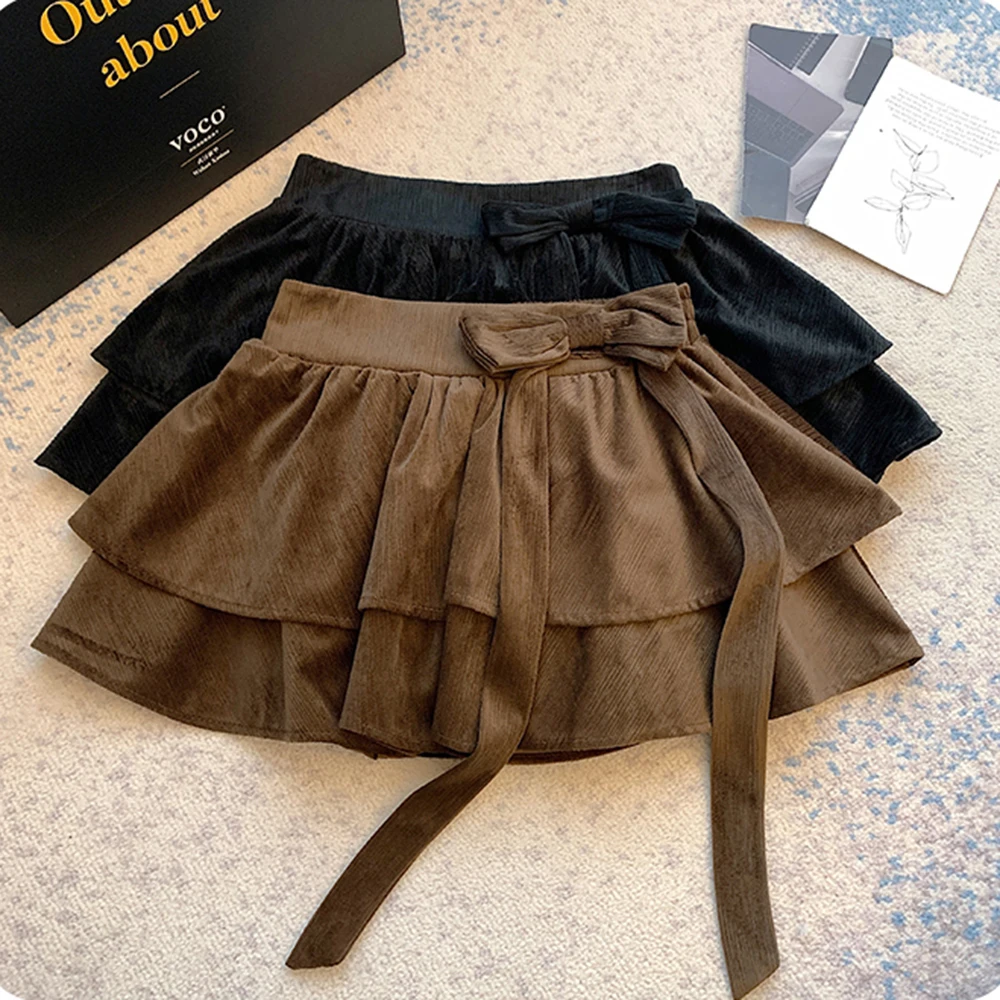Autumn Winter Women's Dress Clothing New French Gentle Bow Layered Ruffle High Waist A-line Short Coffee Black Color Cake Skirt - Image 6