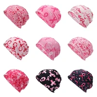 Breast Cancers Awareness Elastic Skull Hat Ribbon Printed Pattern Caps for Women 1