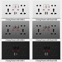Universal Wall Socket with USB-C USB Charger & Switches, 2 Gang Power Outlet With LED, Flush Mount, AC 110-250V 3