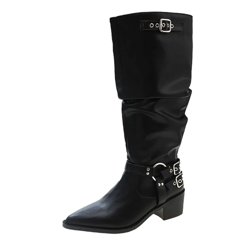 

Новые зимние черные ковбойские сапоги в западном стиле, женские модные длинные сапоги без застежек, женские элегантные сапоги В рыцарском стиле на квадратном каблуке