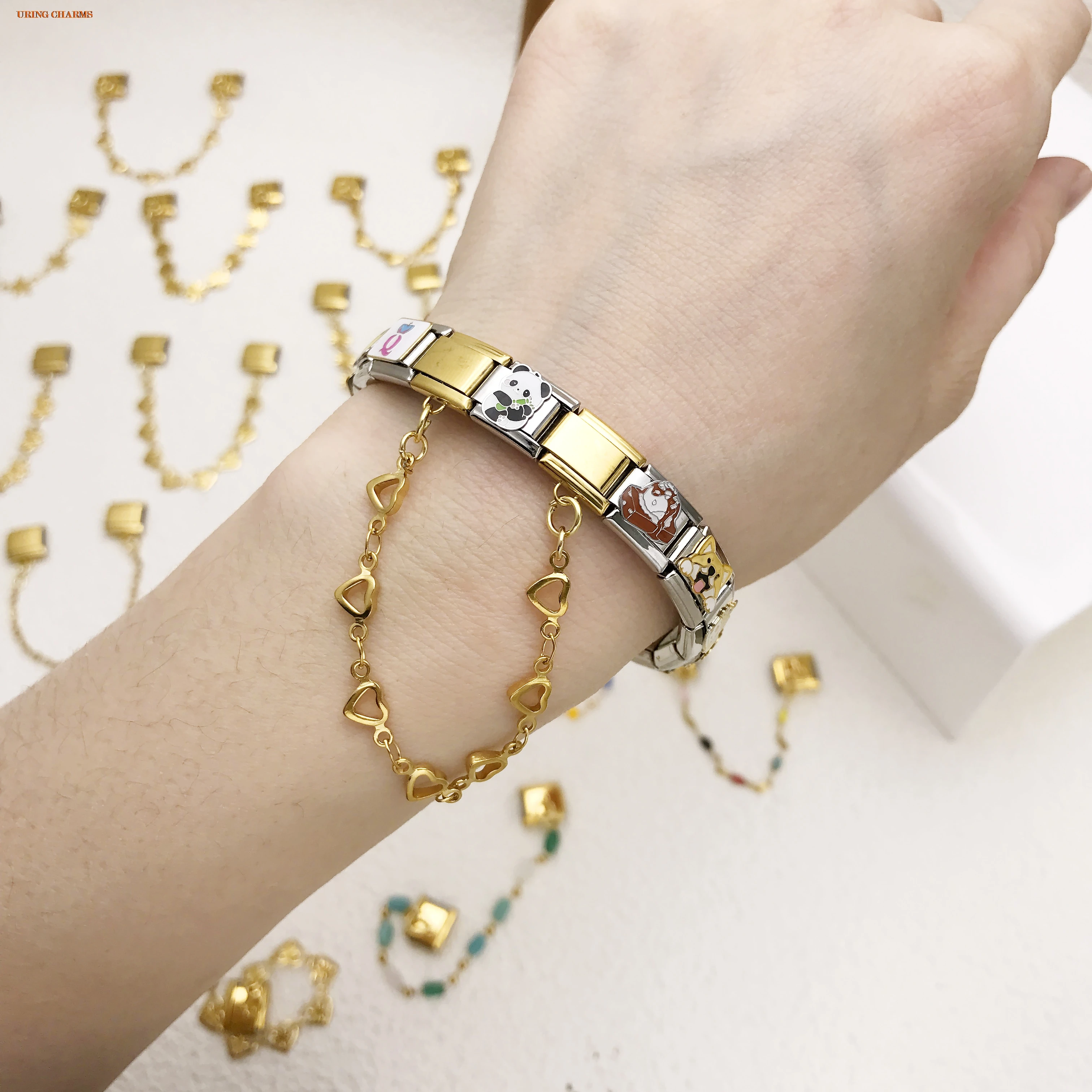URING 16-Stil Herz-Hängekette, italienischer Charms-Link, passend für 9 mm Armbänder, Edelstahl, DIY-Herstellung von Perlen, Schmuck für Frauen – Detail 9