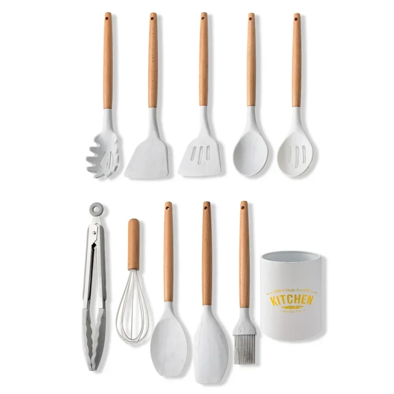 11Pcs Marbling Silicone Cooking Tool Set Silicone Baking Utensils Set Wooden Handle Spatula Ladle Egg Beaters Shovel Kitchenware