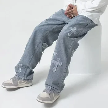 2023 Fashion Trousers Cross Denim Pants Streetwear Hip Hop Low Rise Baggy Jeans For Men Korean Y2k Women Cargo Pants Punk Clothe 1