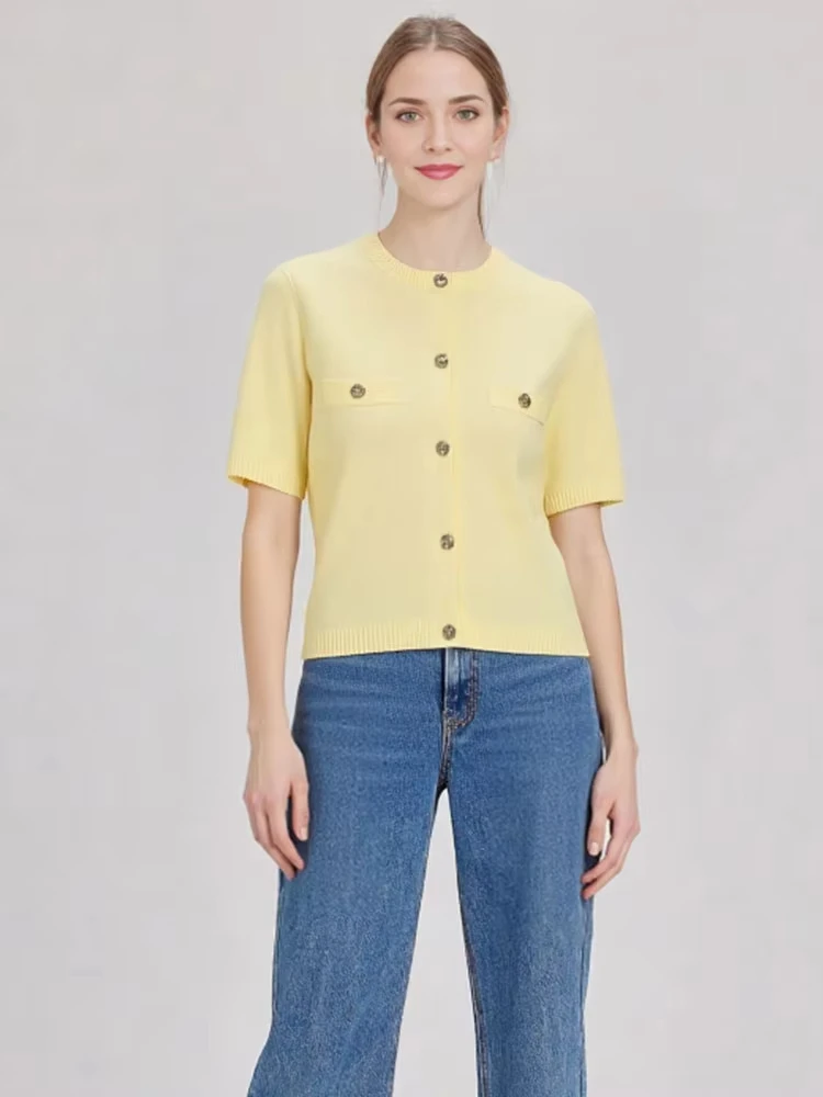 HH Women Elegant Solid Knitted Cropped T Shirts O Neck Single Breasted Short Sleeve Cardigan Coat Casual Maternity Tees Tops