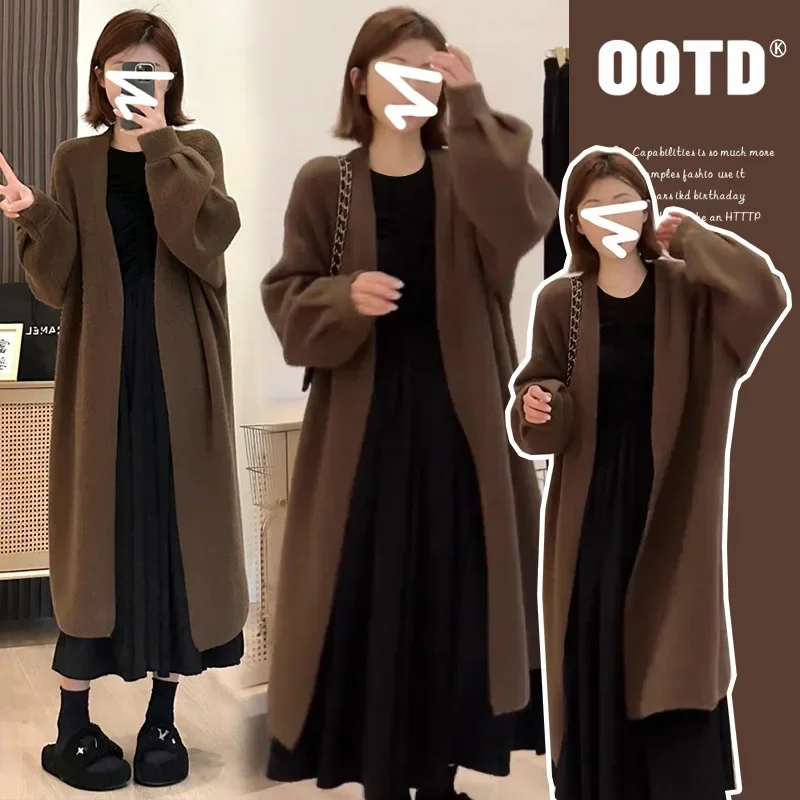 New Autumn Winter Set Loose Thickened Sweater Cardigan Pleated Base Dress Maternity Fashion Comfortable Soft Cotton Clothes