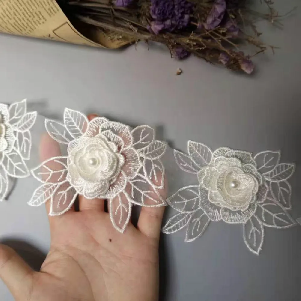 

20Pcs Ivory Rose Flower Leaf Pearl Lace Trim Applique Trimming Ribbon Embroidered Fabric Sewing Craft Wedding Decoration 10cm