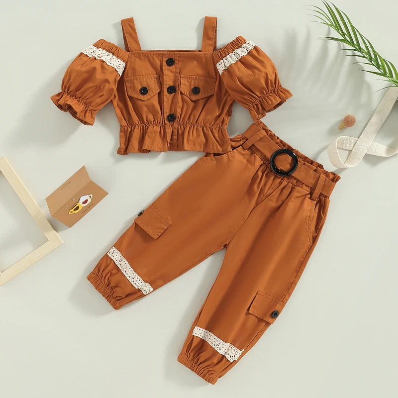 3PCS Baby Girl Straps Cold Shoulder Puff Sleeve Button Decor Crop Tops Cargo Pants Belt Set