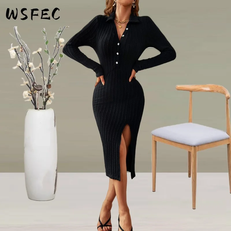 

WSFEC 2022 Winter Fall Outfits Women Clothing Solid Long Sleeve V Neck Slim Sexy Casual Knit Dresses Dropshipping Wholesale