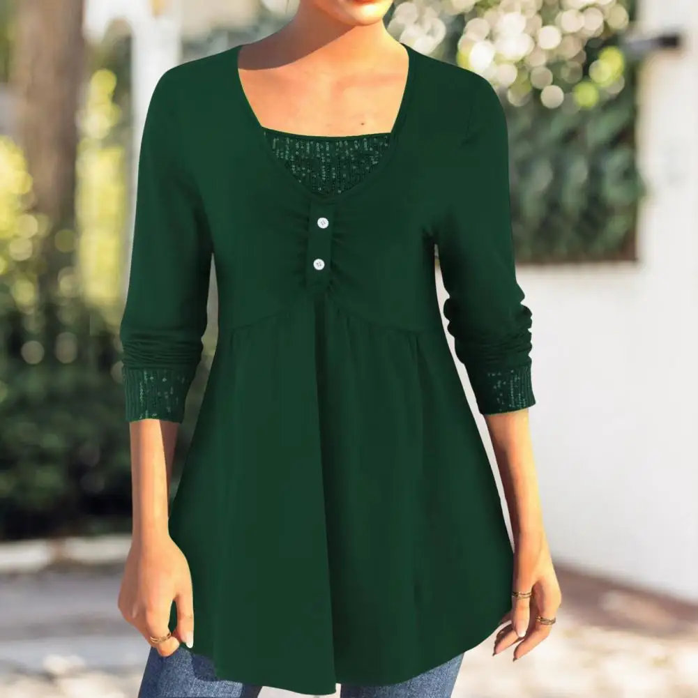 

Fall Spring Women Top Fake Two-piece Square Neck Lady Blouse Sequin Patchwork A-line Loose Hem Pletaed Bead Decor Female Top