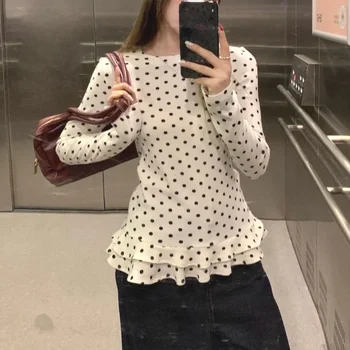 Korean Style New Ruffle Trim Long Sleeve T-Shirt For Women Polka Dot Thin Interior Top Sweet Shirts Women Clothes милый топ 1