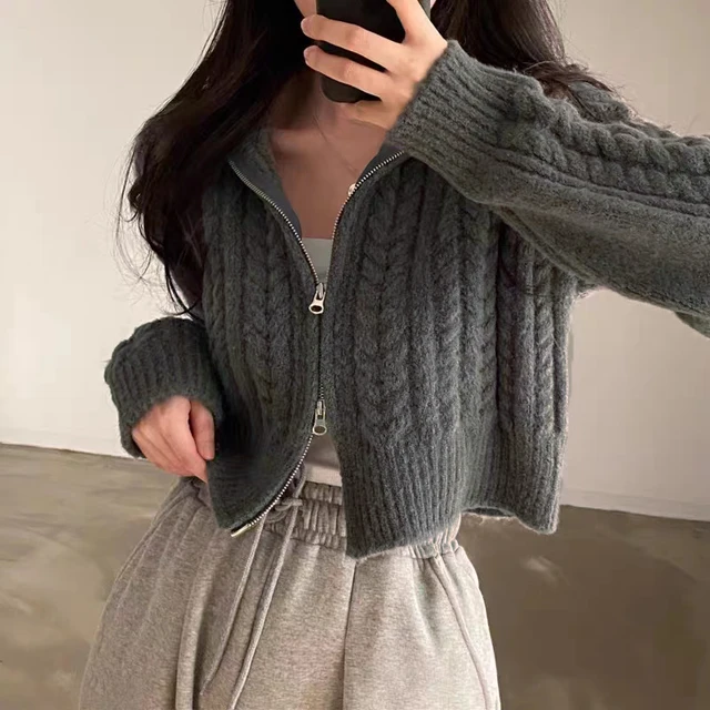 Twists Knit Short Coat Long Sleeve Zipper Sweater 2