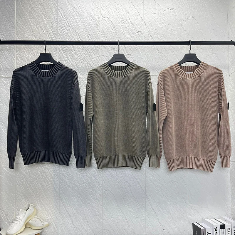 springtime new Vintage Sweater Men Oversized Cotton Knitted Pullovers Jersey Autumn Washed Distressed Round Neck sweater |