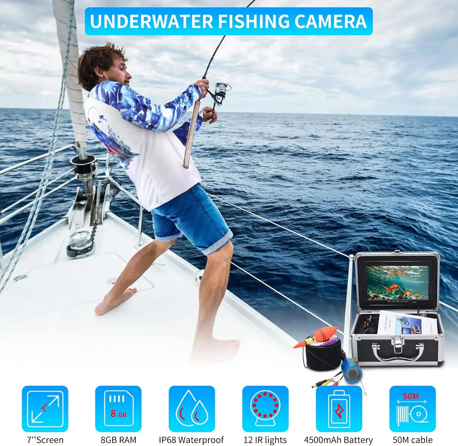 Fishing Camera, Portable DVR Video Fish Finder, Ice Fishing Camera with 7'' LCD Monitor, 1000TVL Waterproof Dep