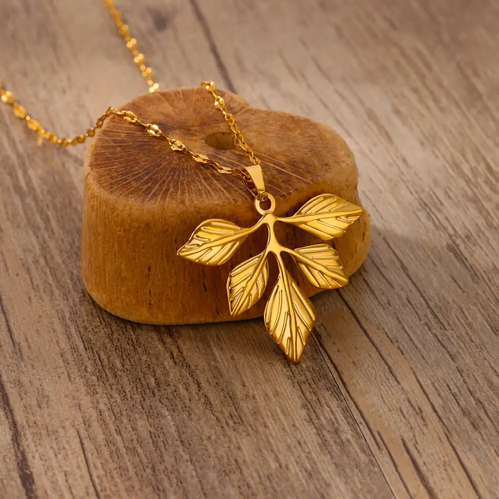 Stainless Steel Leaf Pendant Necklace for Women Gold Plated