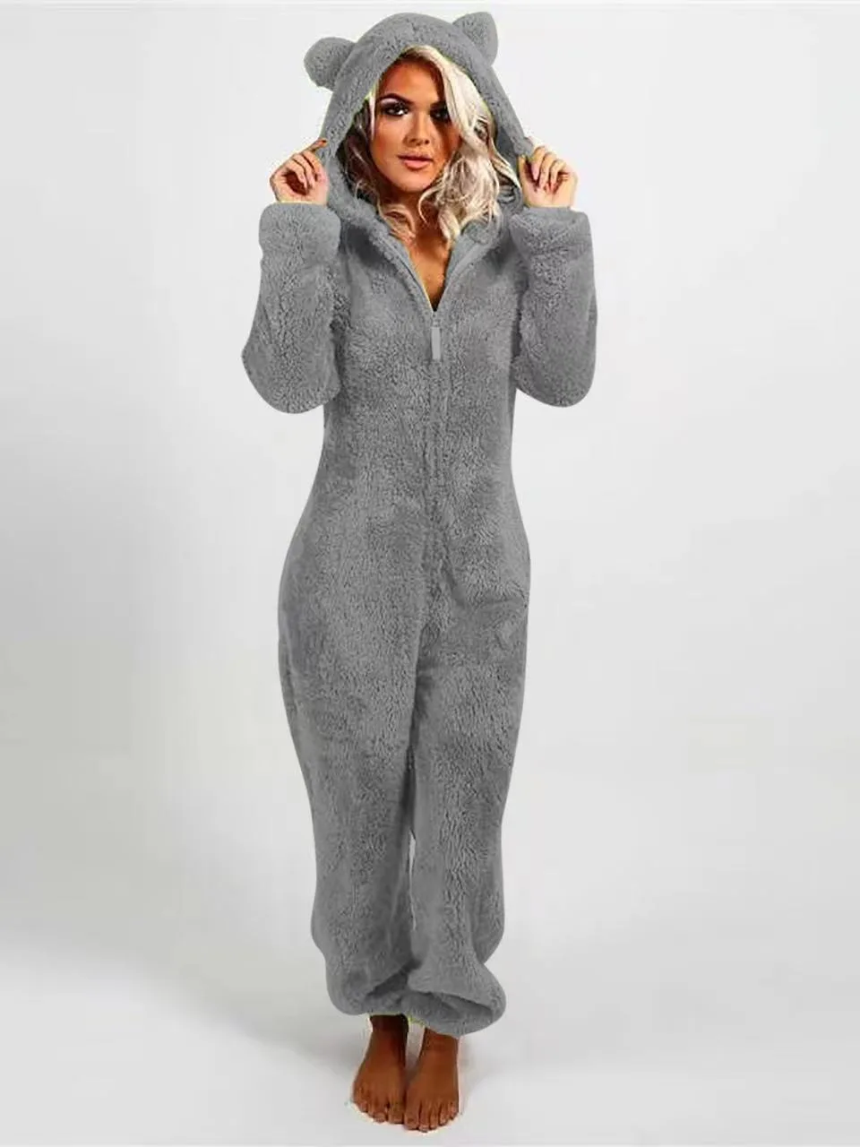 Damenbekleidung Onesie Herbst/Winter Plüsch Plüsch Overall Kapuzenpyjama Große warme Nachtwäsche für Winternachtwäsche – Detail 3