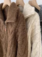 Retro Solid Double Zipper Turn-down Collar Sweater Women Autumn Winter New Lazy Style Loose Knitted Cardigan Thicken Loose Tops - Image 4