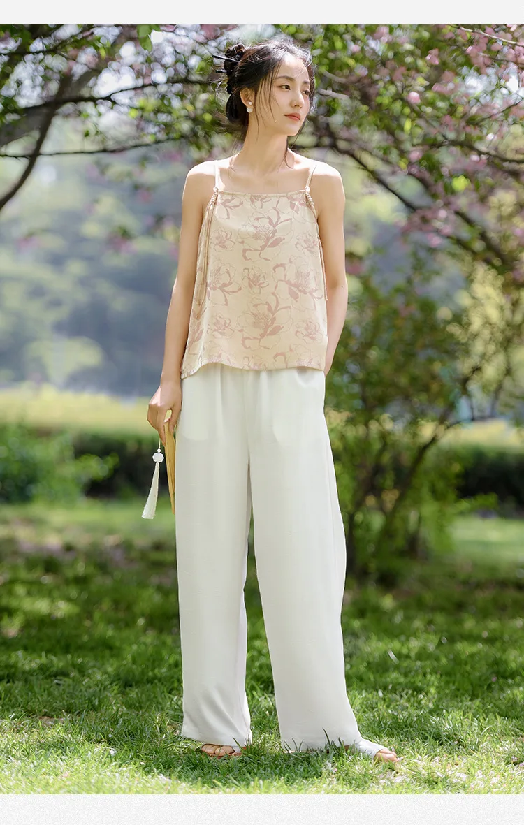 New Chinese Style Women Summer Thin Faux Acetate Wide Leg Pants Women Fall High Waist Slim Straight Lean Casual Pants