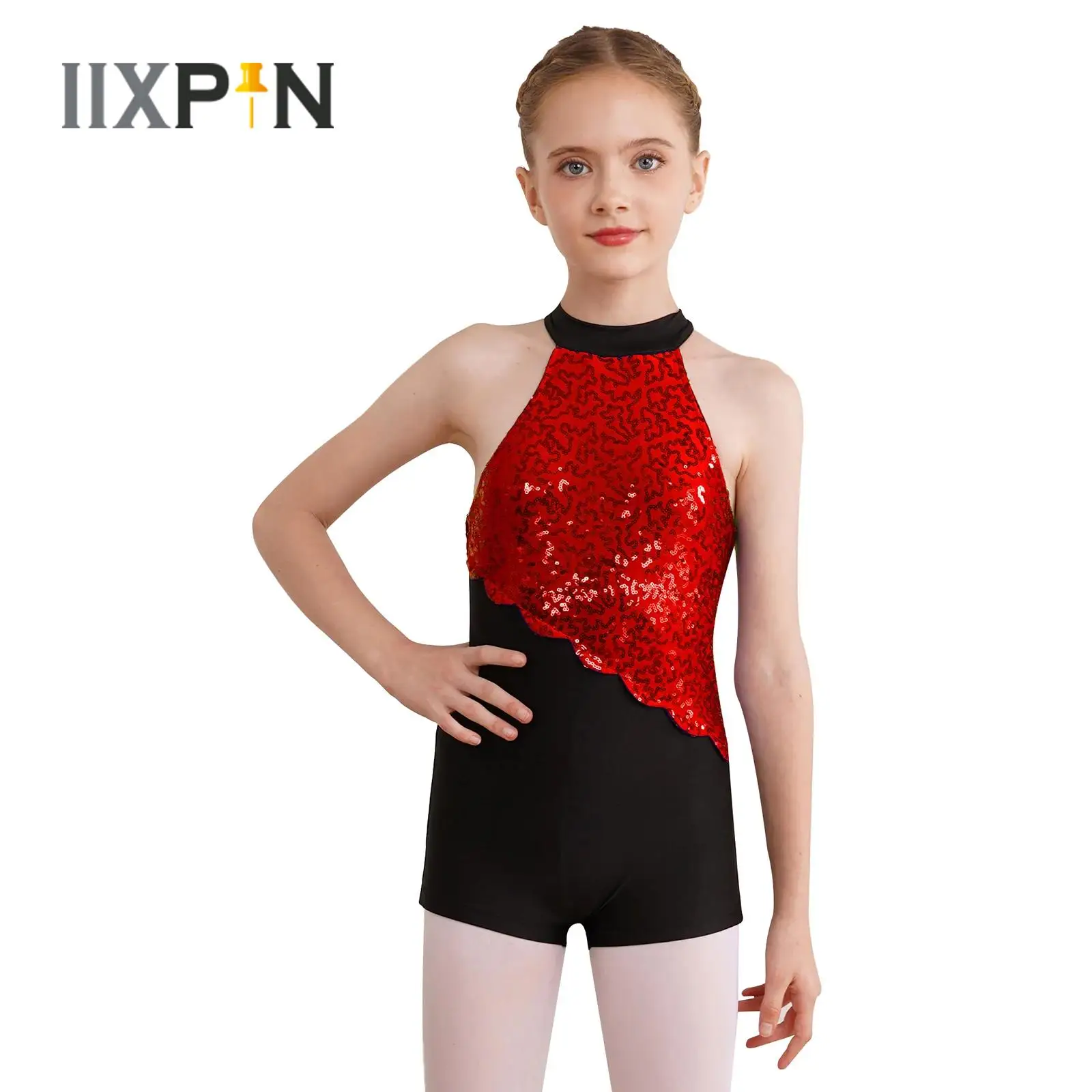 

Kids Girls Glittery Sequins Dance Leotard Strappy Back Mock Neck Sleeveless Bodysuit for Figure Skating Rhythmic Gymnastics 2024