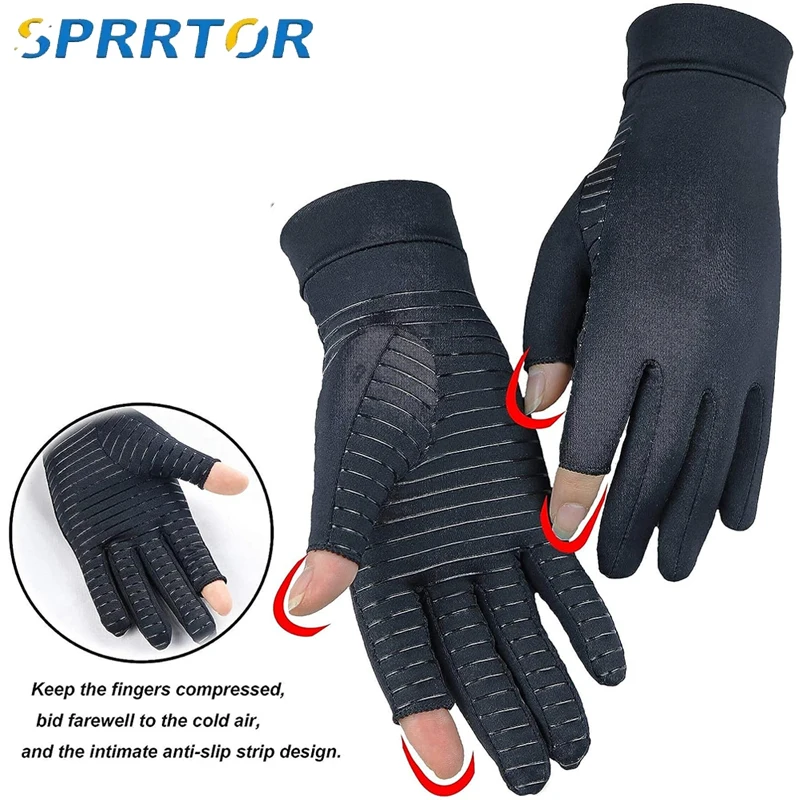 

1 Pair Compression Gloves Hand Copper Arthritis Gloves Joint Pain Relief Half Finger Anti-slip Therapy Gloves For Womens Mens