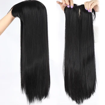 Extension per capelli lunghi e lisci con frangia, sintetici, marrone/nero, con clip, per perdita di capelli e capelli bianchi