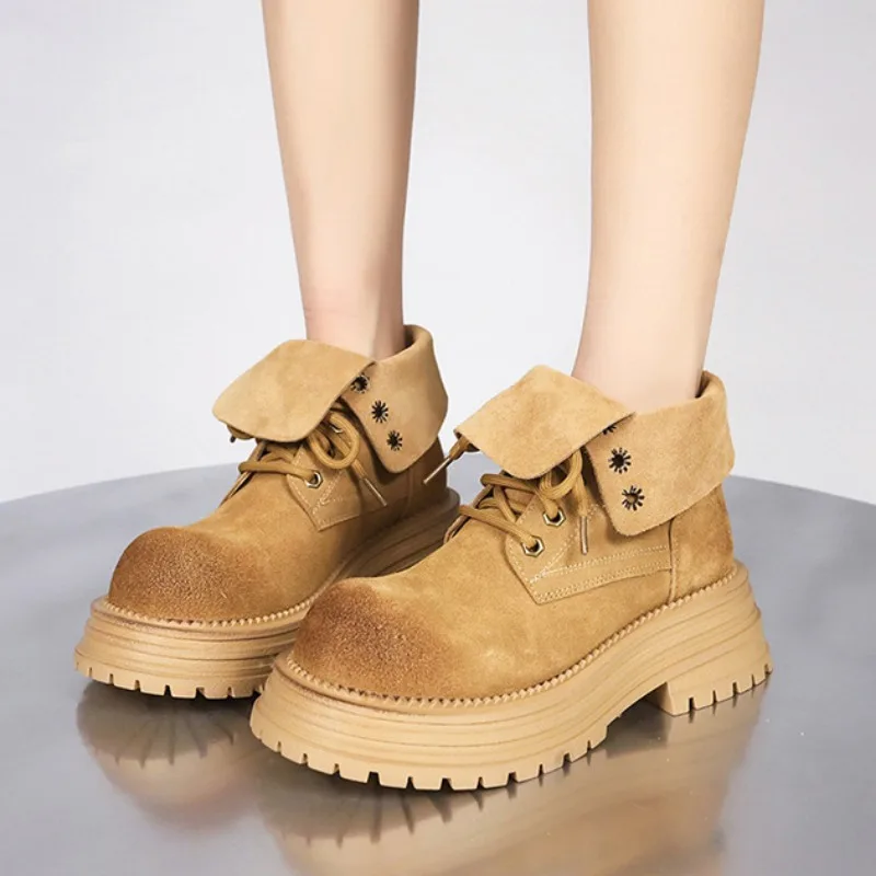 Autumn Winter Retro Fashion Platform Women's Boots Designer Luxury Leather Shoes Female Casual Solid Color Motorcycle Boots
