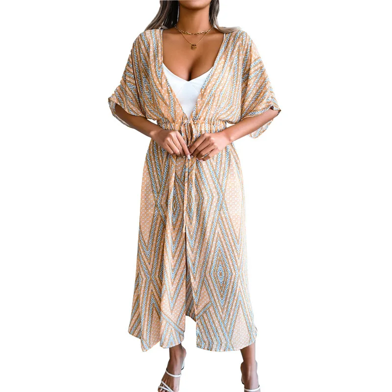 Summer Women Casual Lacing Printing Striped Chiffon Beach Sun Protection Clothing Oversize V-neck Chiffon Multicolor Cardigan bikini cover up set Cover-Ups