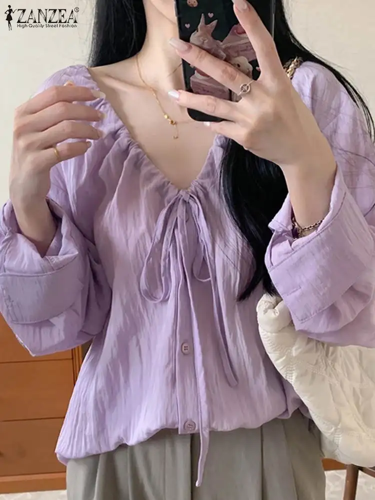 

Рубашка ZANZEA женская с V-образным вырезом, Повседневная Свободная блузка с длинным рукавом, винтажная Туника на шнуровке, праздничный однотонный топ, весна 2024